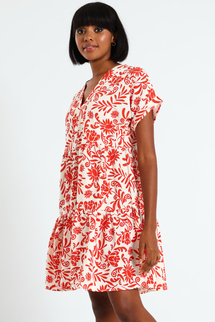 V-Neck Tiered Dress - White/Orange