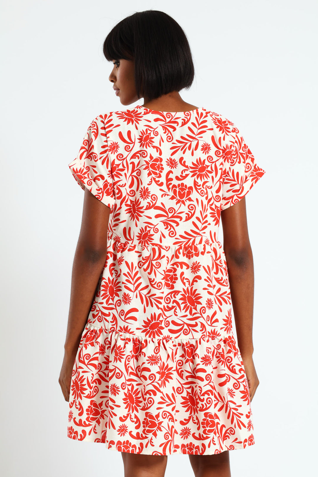 V-Neck Tiered Dress - White/Orange