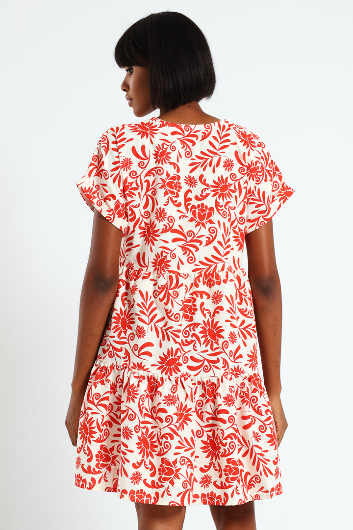 V-Neck Tiered Dress - White/Orange