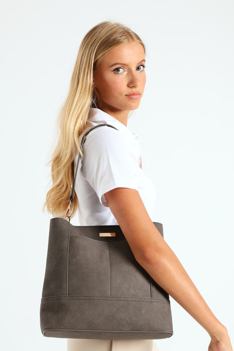 Top Stitch Detail Shopper Bag - Dark Grey