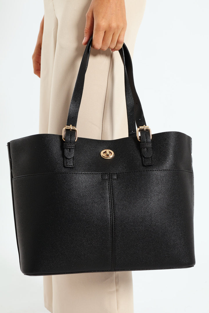 Front Pocket Detail Tote Bag - Black