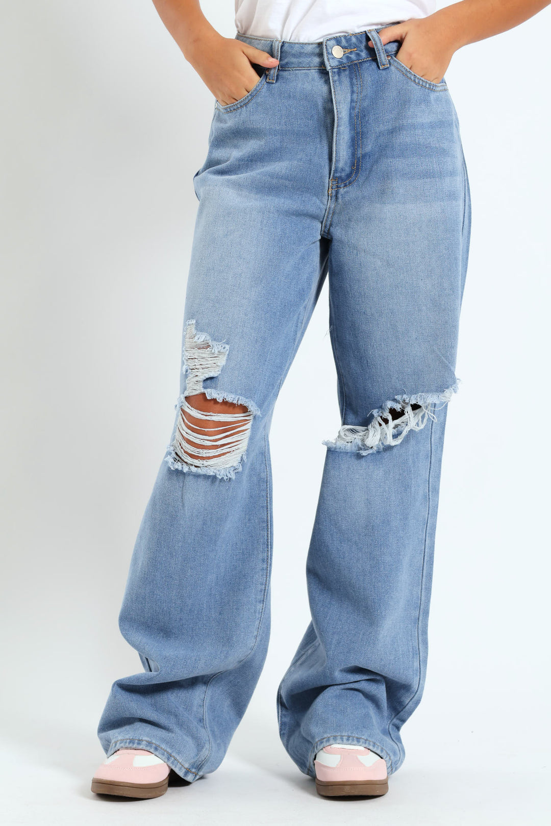 Girls Abrased Wide Leg Rigid Denim - Light Blue