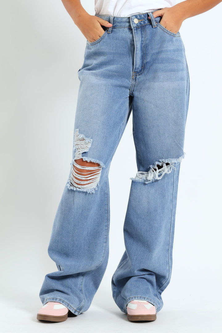 Girls Abrased Wide Leg Rigid Denim - Light Blue