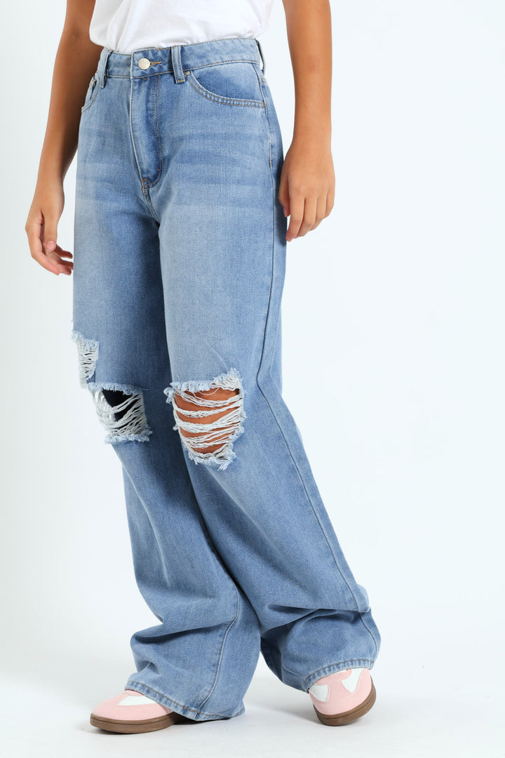 Girls Abrased Wide Leg Rigid Denim - Light Blue