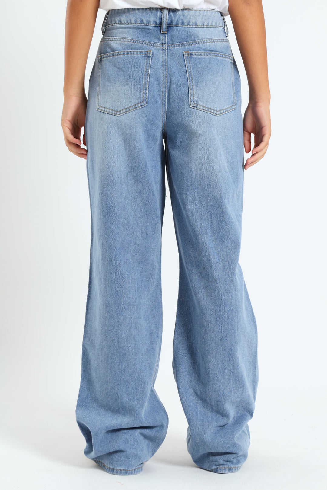 Girls Abrased Wide Leg Rigid Denim - Light Blue