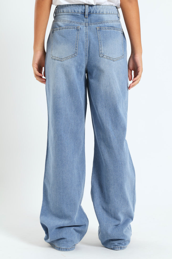 Girls Abrased Wide Leg Rigid Denim - Light Blue