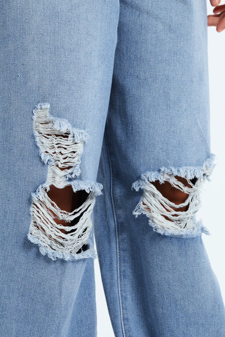 Girls Abrased Wide Leg Rigid Denim - Light Blue