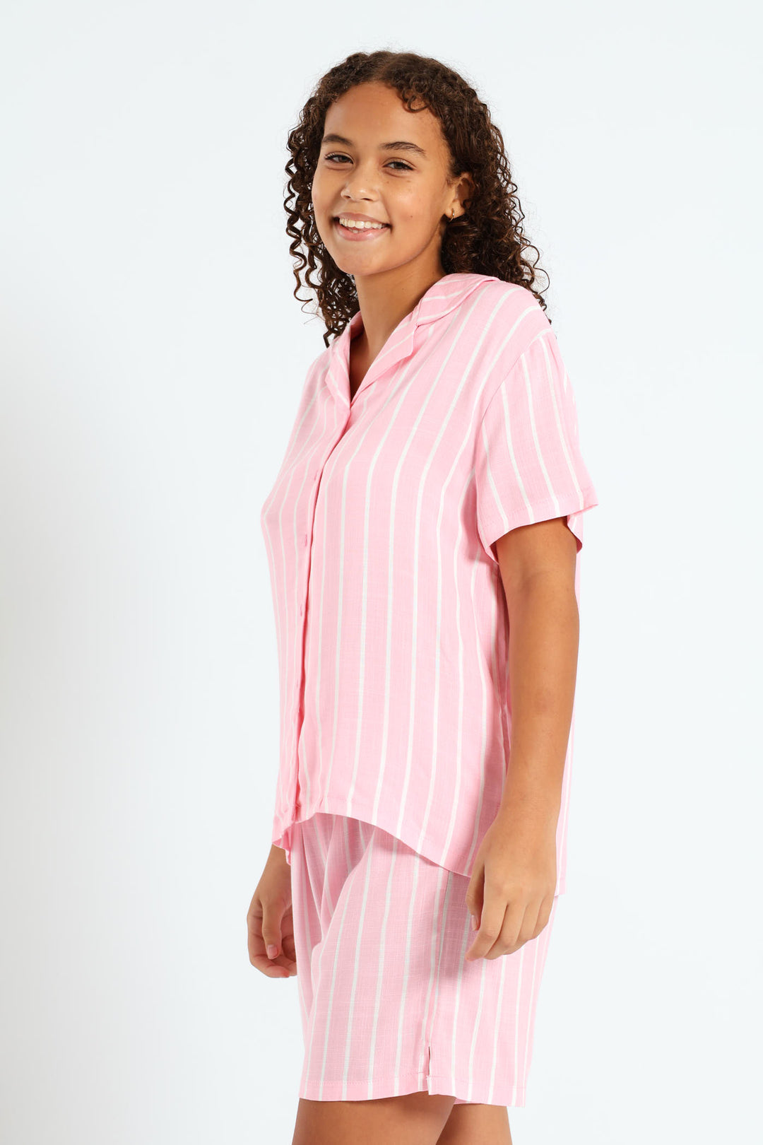 Girls Stripe Linen Sleep Shorts - Pink