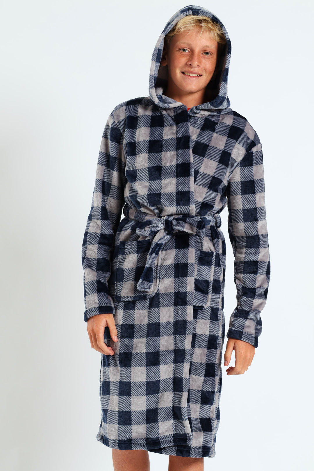Boys Check Print Gown - Navy