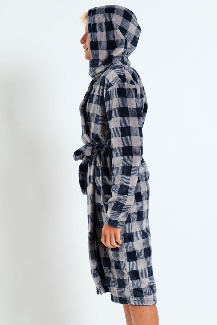 Boys Check Print Gown - Navy