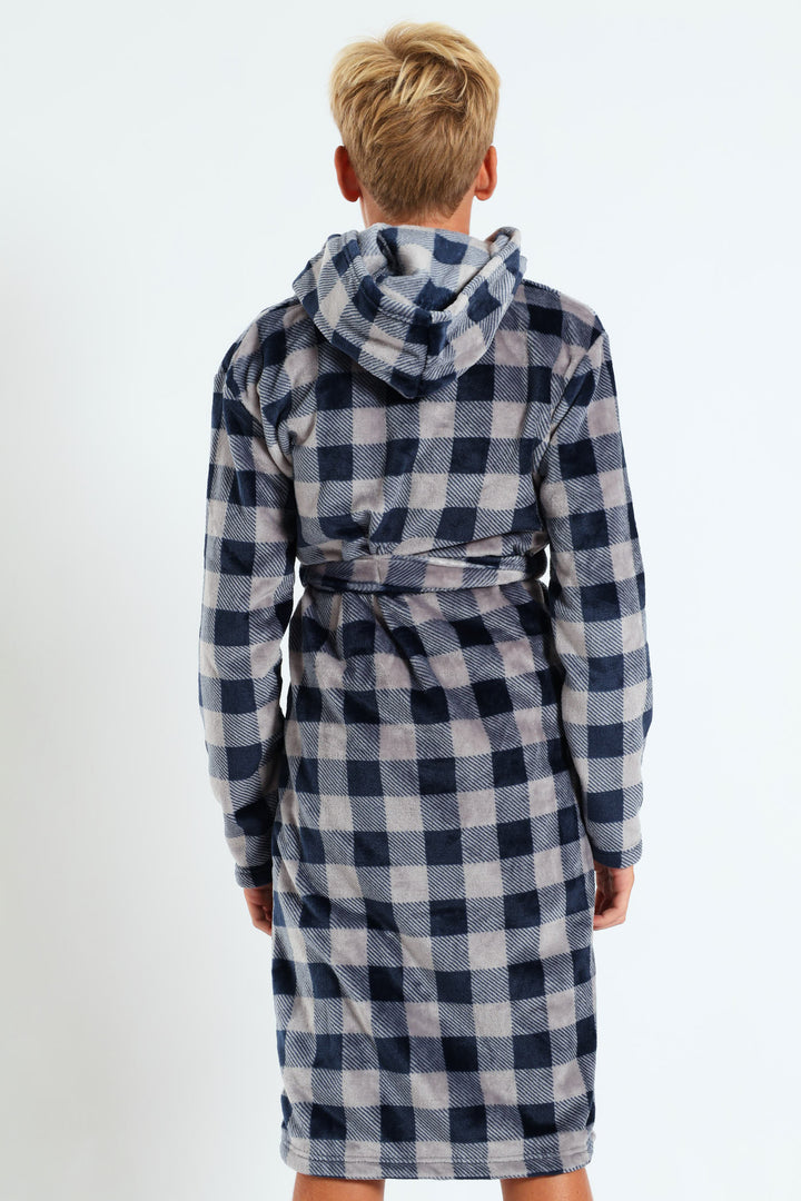 Boys Check Print Gown - Navy