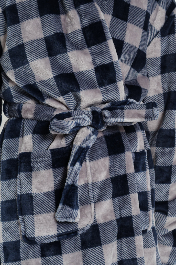 Boys Check Print Gown - Navy