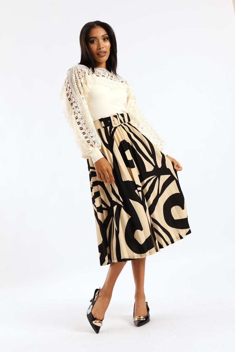 Pleated Swirl Midi Skirt - Black/Cream
