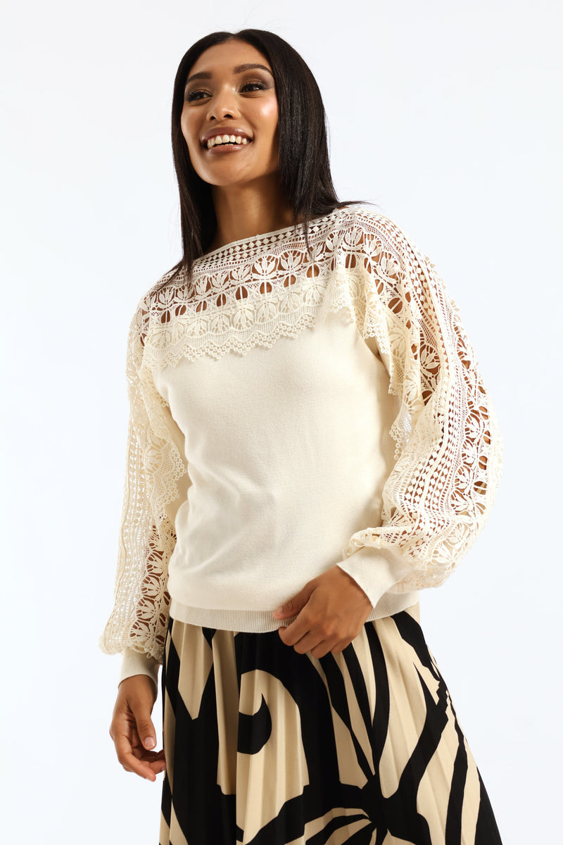 Lace Detail Knitwear - Cream