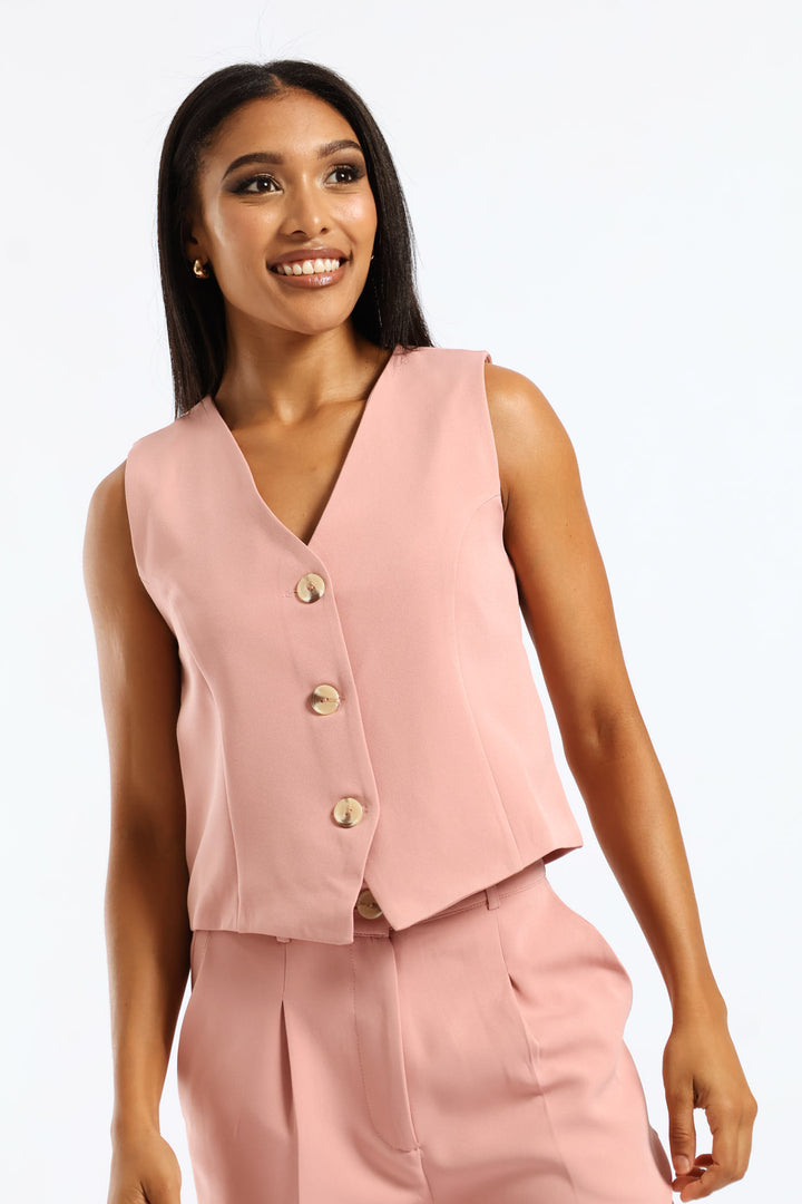 Notch Neck Hem Waistcoat - Pink