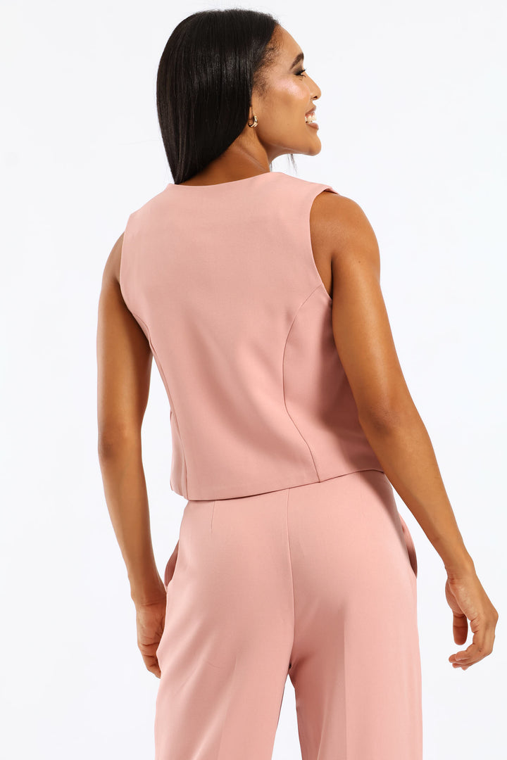 Notch Neck Hem Waistcoat - Pink