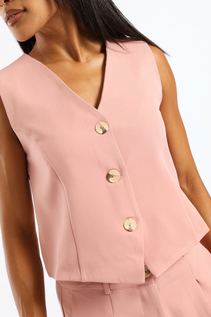 Notch Neck Hem Waistcoat - Pink
