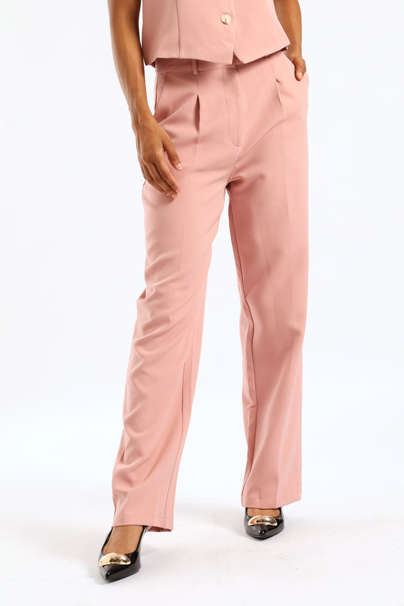 Pleat Button Straight Leg Pant - Pink