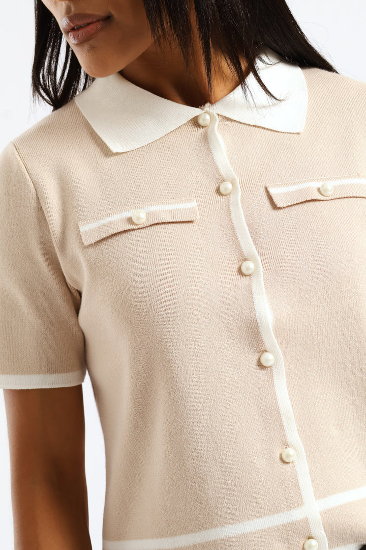 Collared Tipped Cardi - Latte