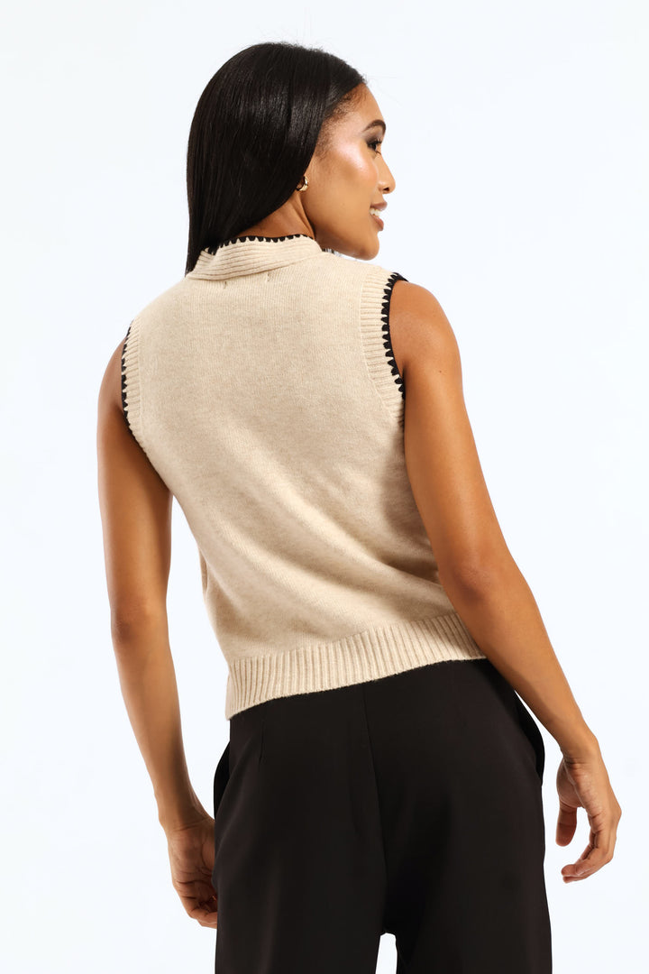 Kitty Bow Button Through Vest - Oatmeal