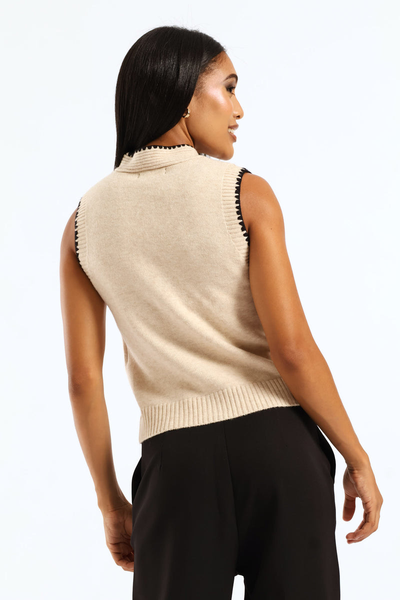 Kitty Bow Button Through Vest - Oatmeal