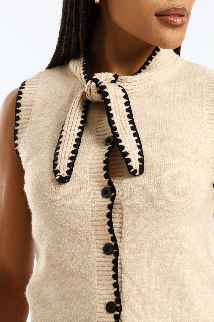 Kitty Bow Button Through Vest - Oatmeal