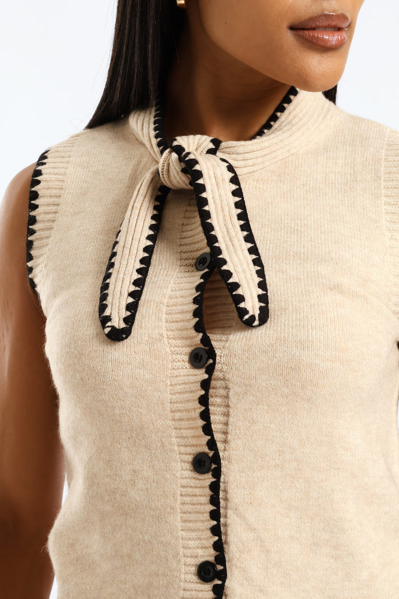 Kitty Bow Button Through Vest - Oatmeal