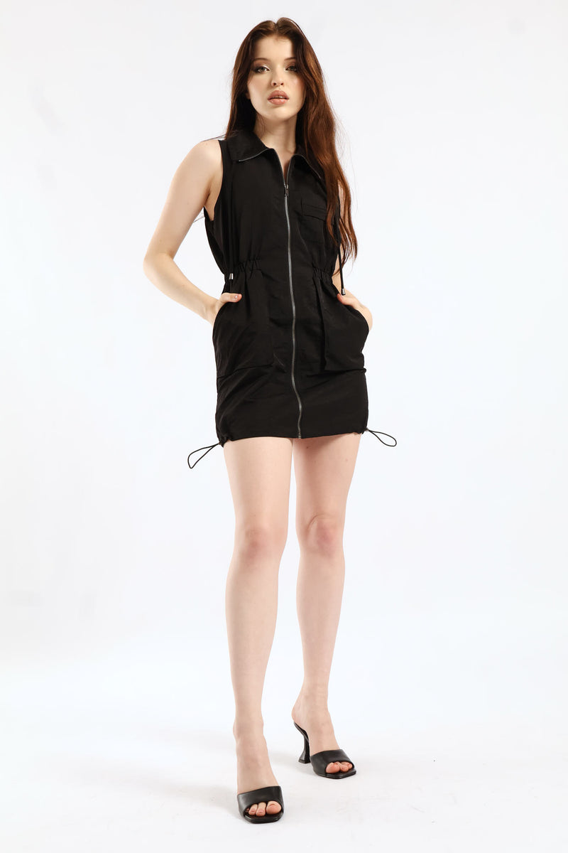 Zip Through Natural Waist Mini Dress - Black