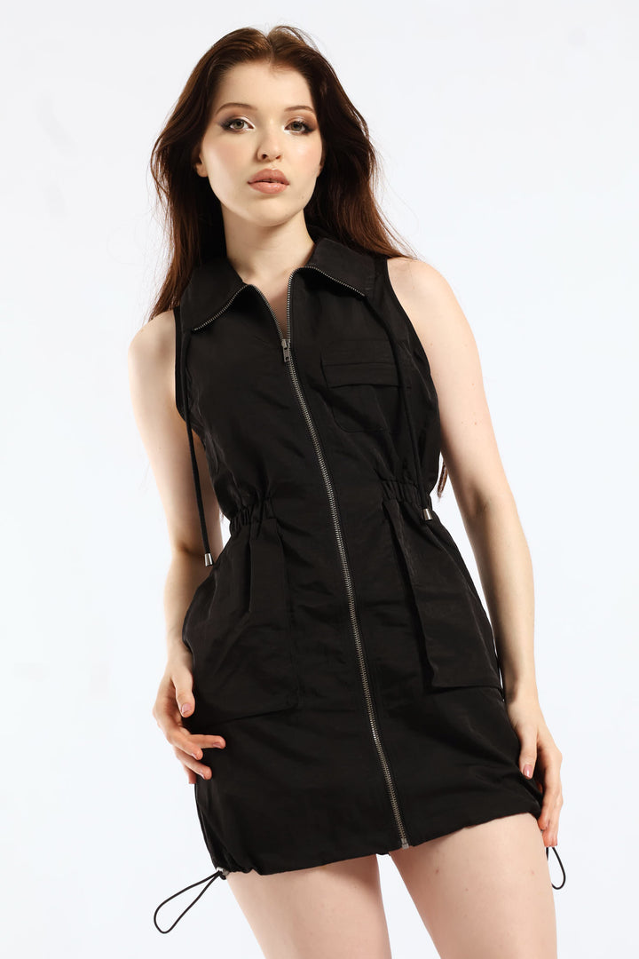 Zip Through Natural Waist Mini Dress - Black