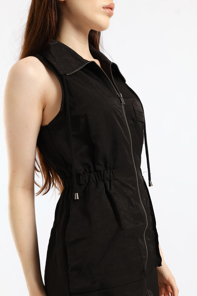 Zip Through Natural Waist Mini Dress - Black