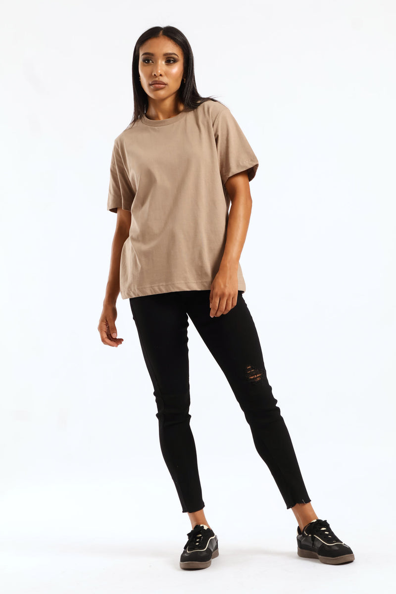 Rib Neck Cotton Boxy Tee - Taupe