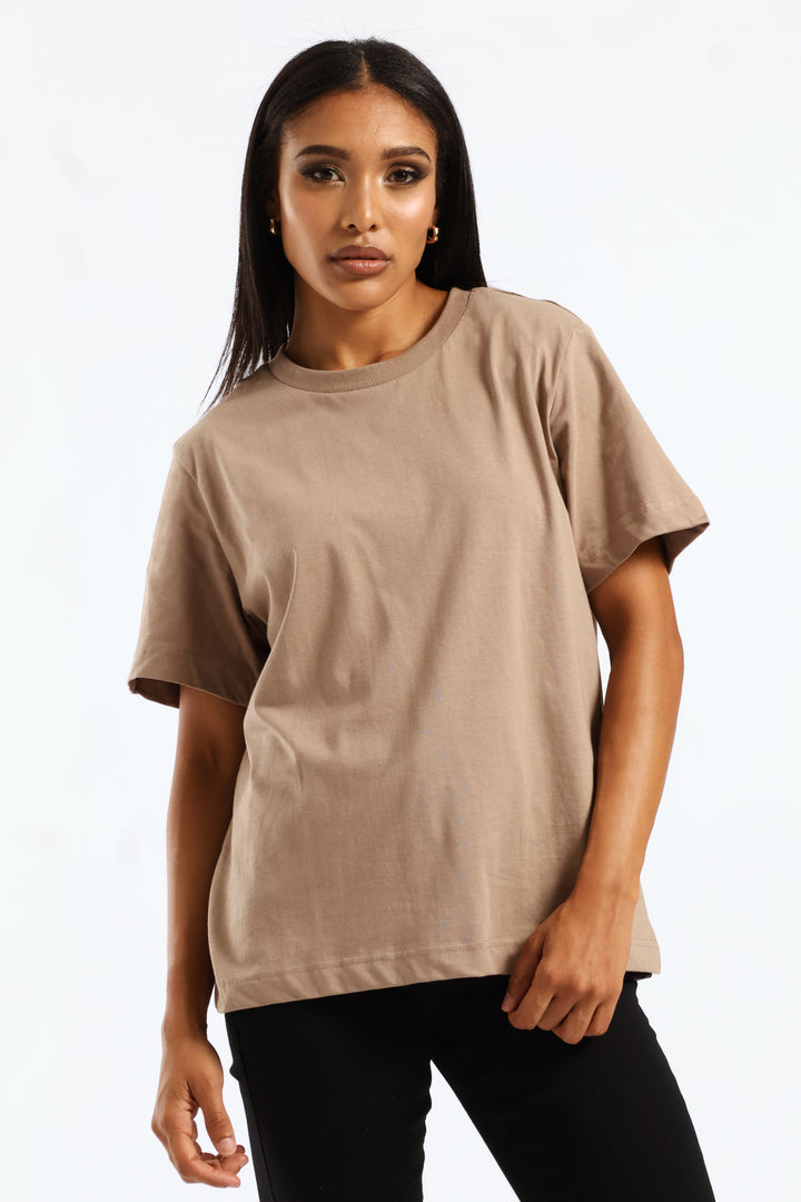 Rib Neck Cotton Boxy Tee - Taupe