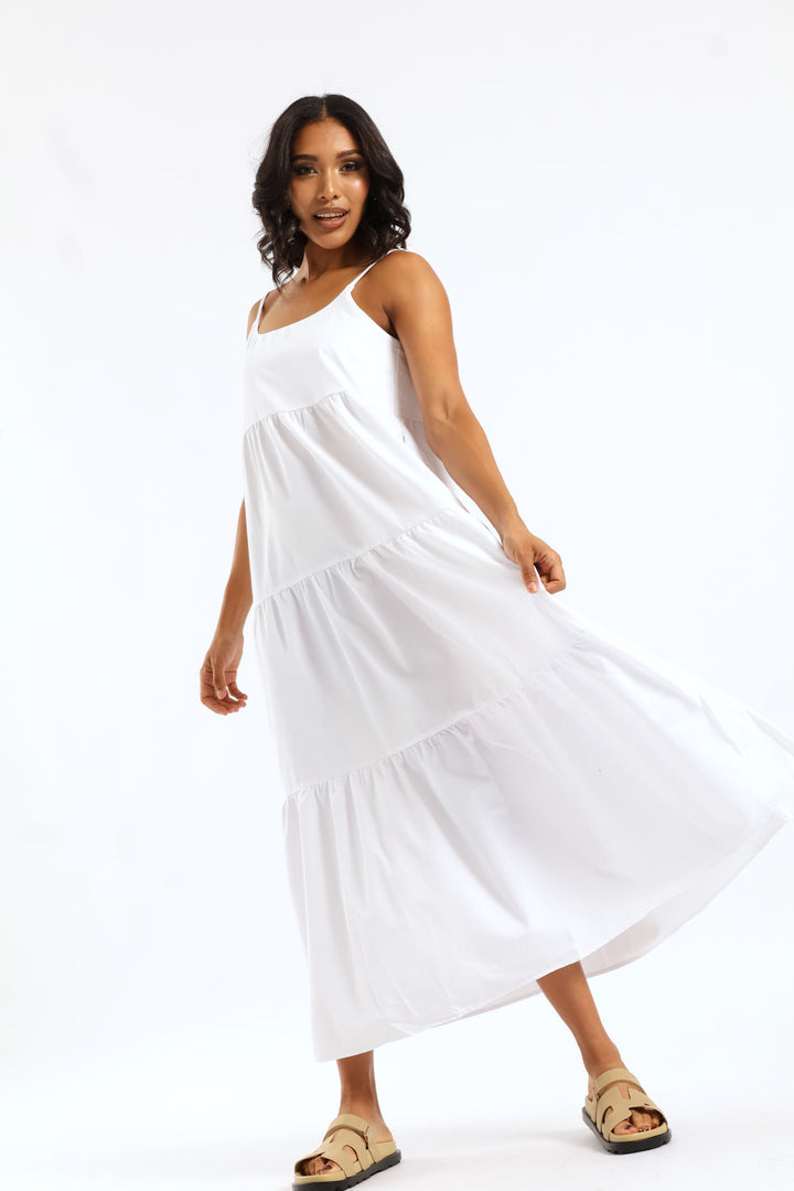 Strappy Tiered Pockets Poplin Maxi Dress - White