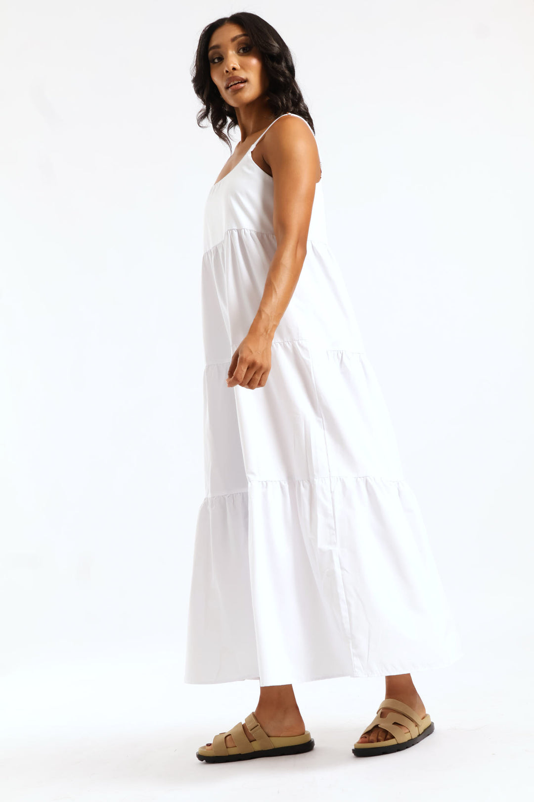 Strappy Tiered Pockets Poplin Maxi Dress - White