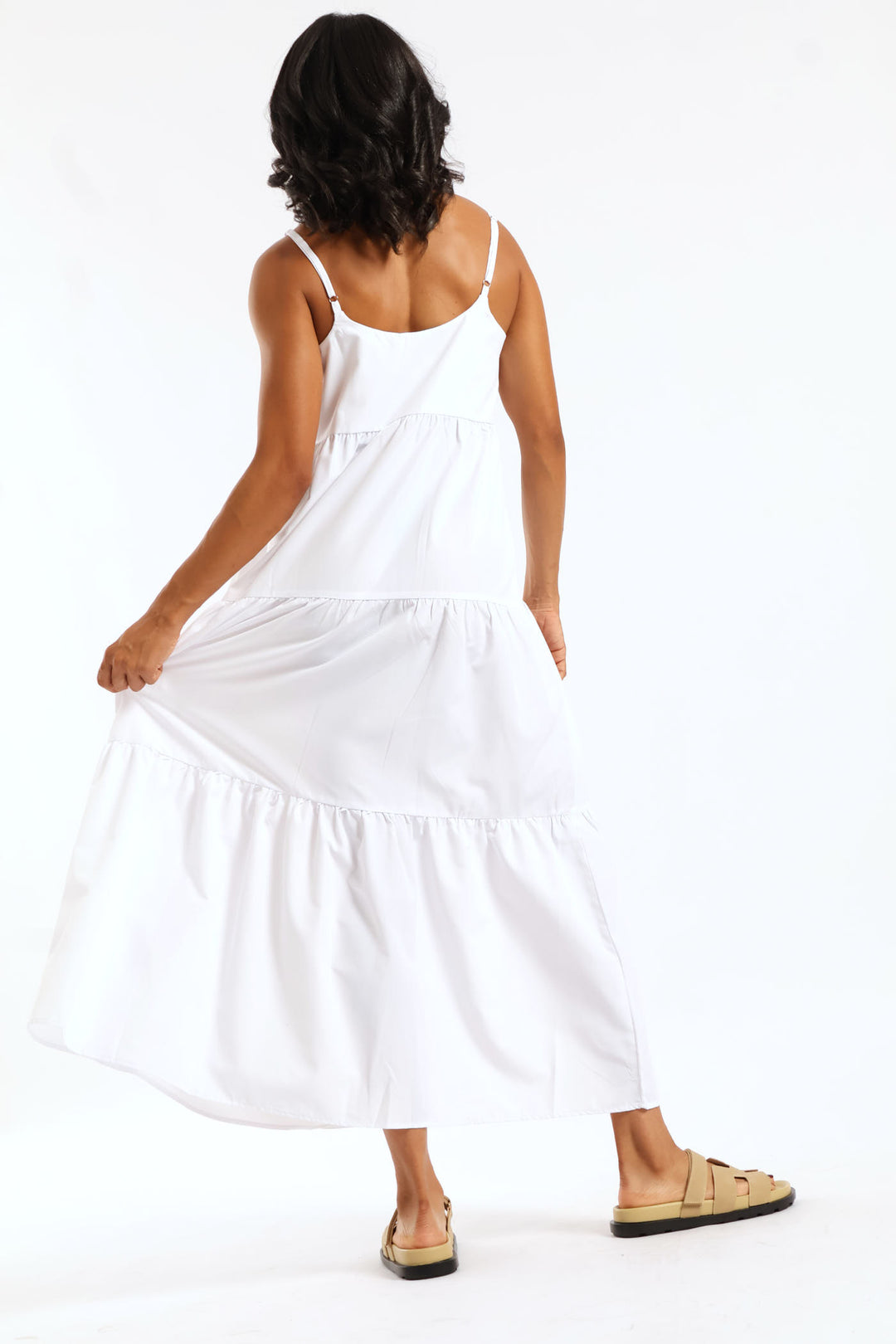 Strappy Tiered Pockets Poplin Maxi Dress - White
