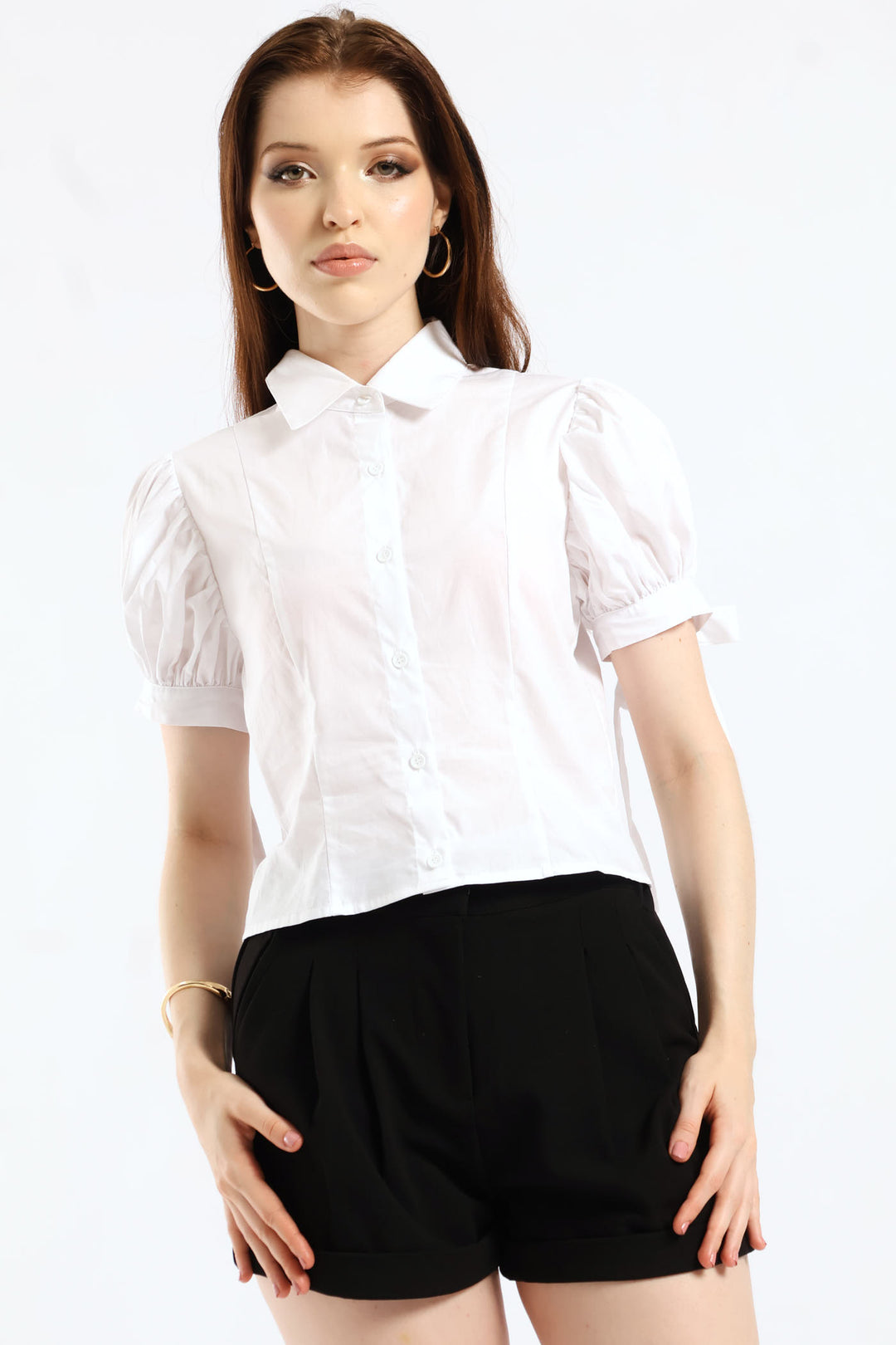 Regular Short Sleeve Woven Button Down Top - White