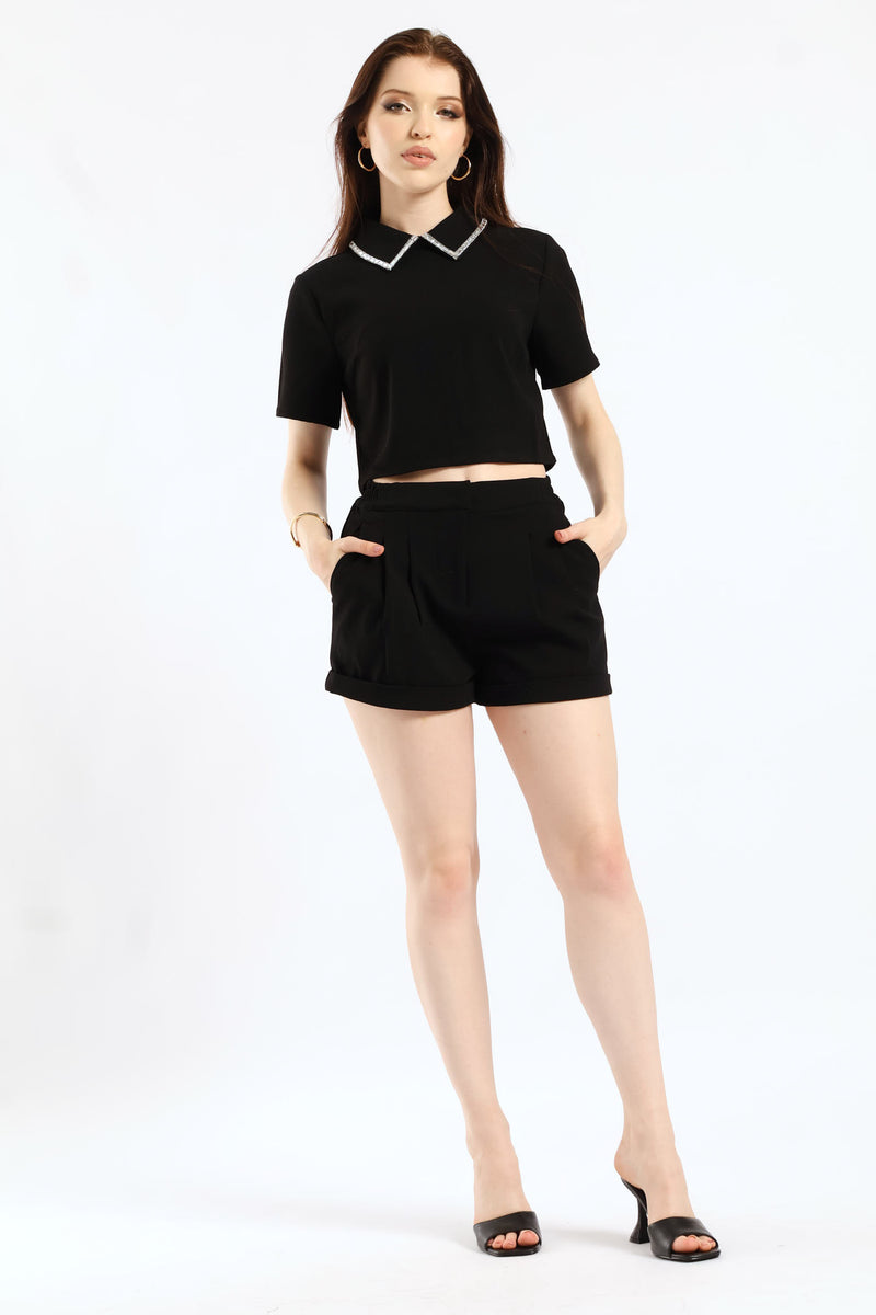 Diamante Collar Detail Cropped Woven Top - Black