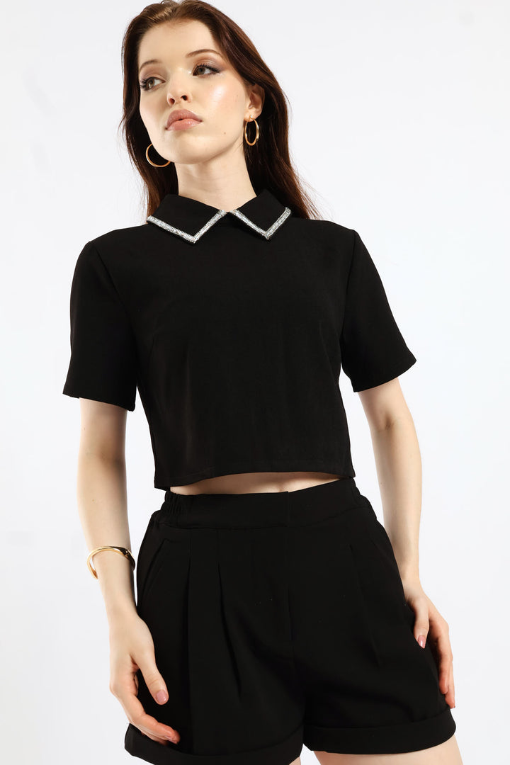 Diamante Collar Detail Cropped Woven Top - Black