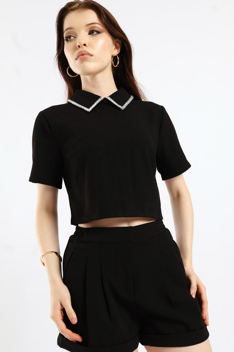 Diamante Collar Detail Cropped Woven Top - Black