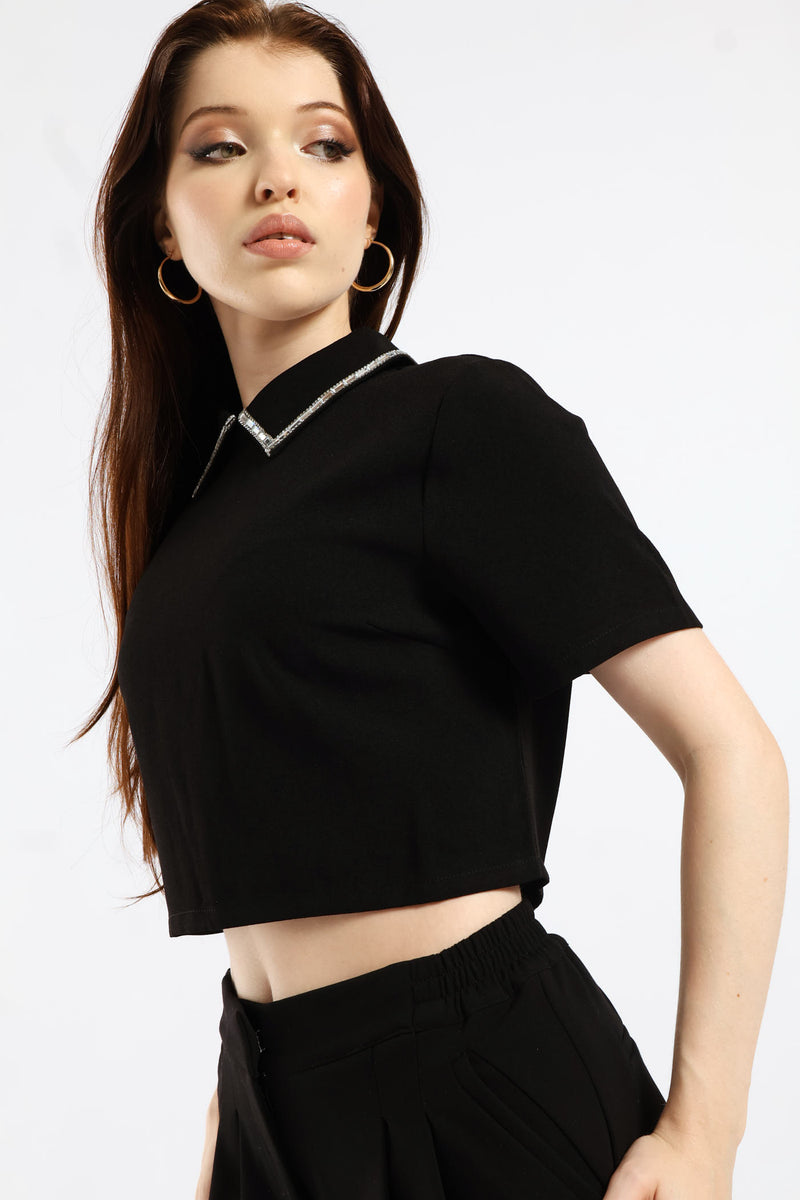 Diamante Collar Detail Cropped Woven Top - Black