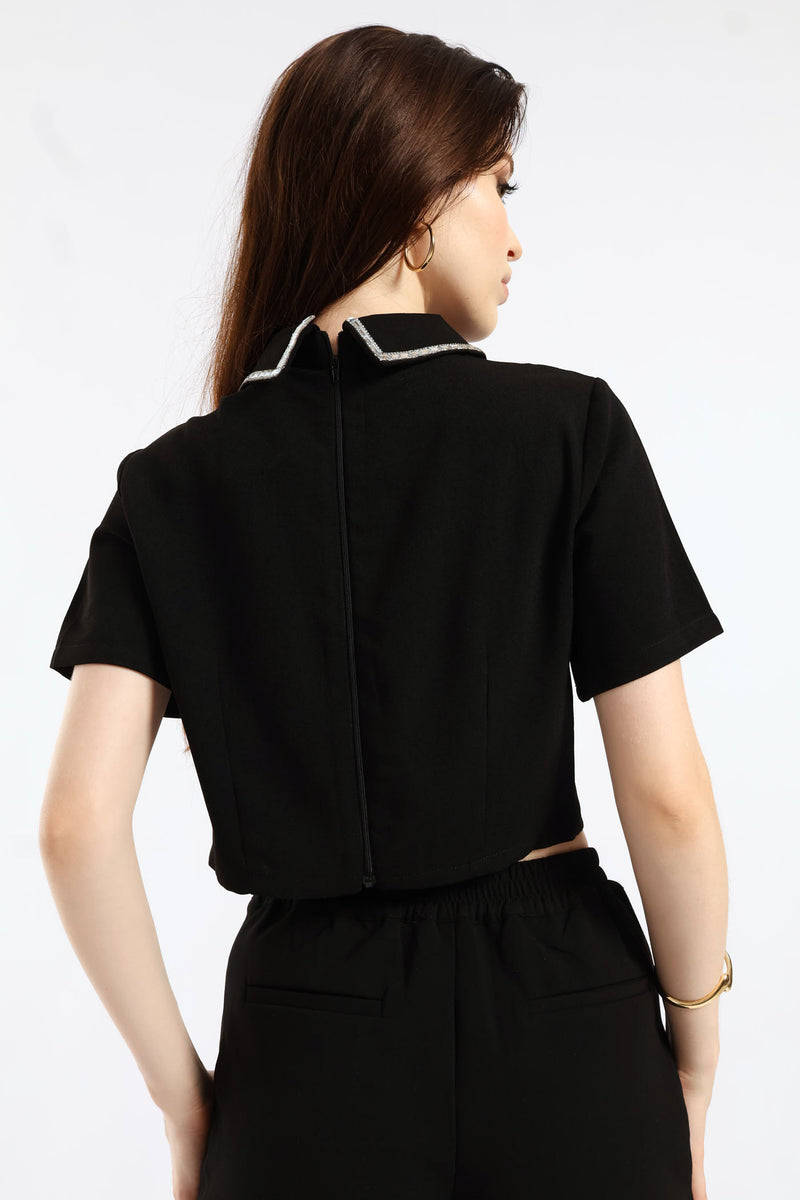 Diamante Collar Detail Cropped Woven Top - Black