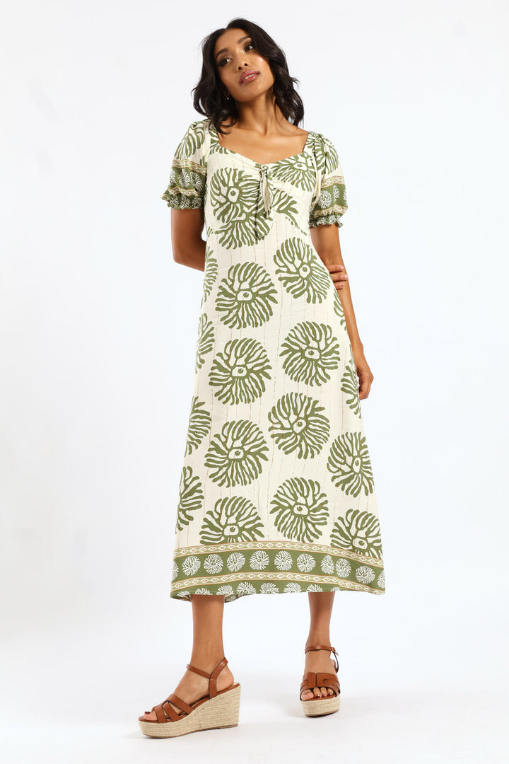 Elasticated Cuffed Tie Front Maxi Dress - Multi