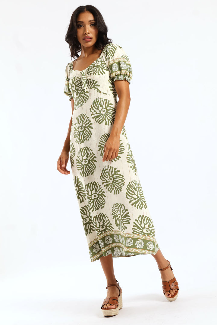 Elasticated Cuffed Tie Front Maxi Dress - Multi