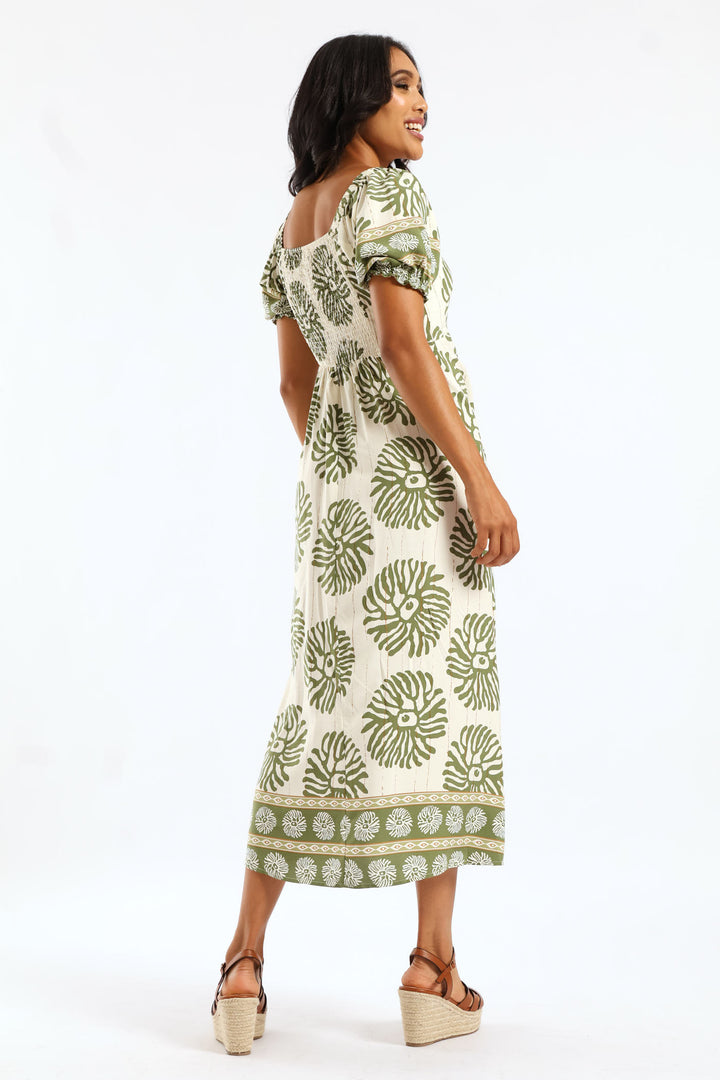 Elasticated Cuffed Tie Front Maxi Dress - Multi