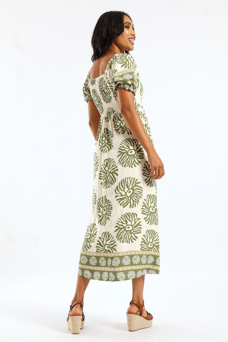 Elasticated Cuffed Tie Front Maxi Dress - Multi