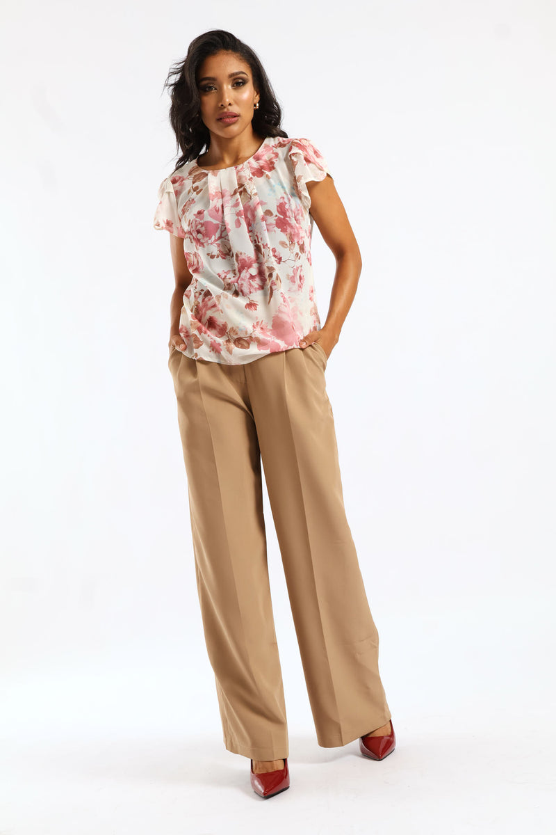 Pleat Neck Floral Blouse - Pink