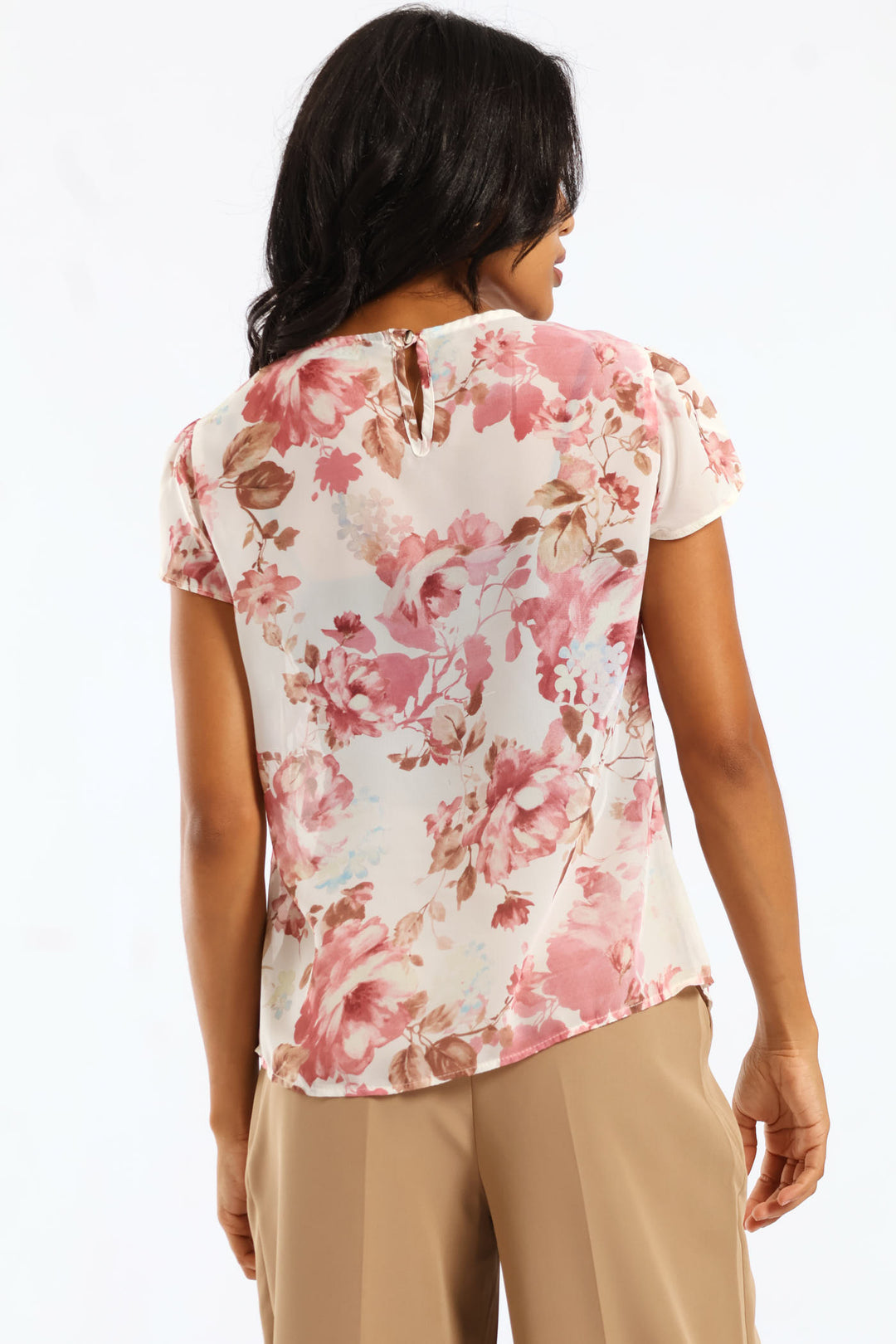 Pleat Neck Floral Blouse - Pink