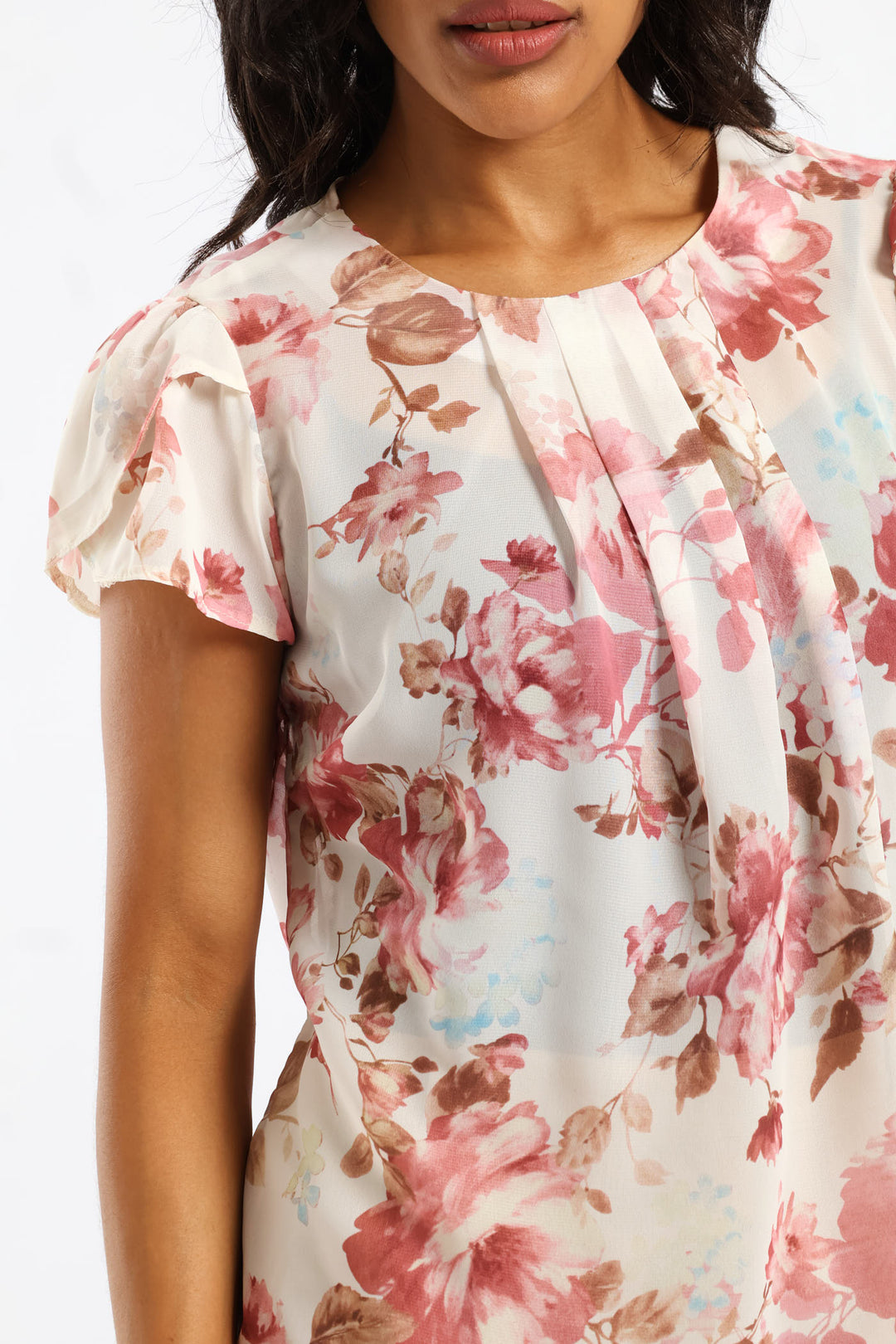 Pleat Neck Floral Blouse - Pink