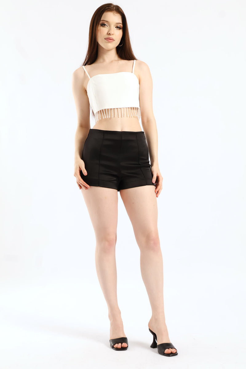 Cropped Woven Beaded Cami Top - White