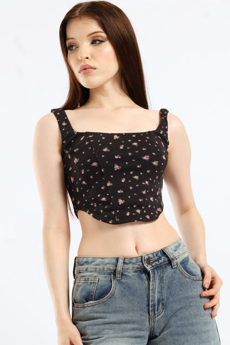 Cropped Knit Tank Top - Black